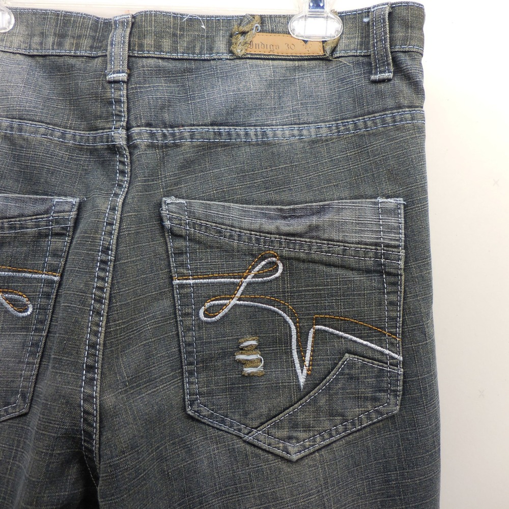 Indigo 30 Mens Baggy Denim‎ Shorts Y2K Hip Hop Dark Wash Embroidered Size 34